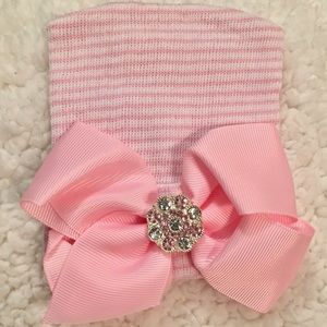 .Newborn Girl Hospital Beanie Pink Big Bow & Gems.